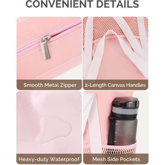 Women Pink Beach Bag Large Waterproof Sandproof Foldable Tote With Zipper Mesh - Picture 6 of 7